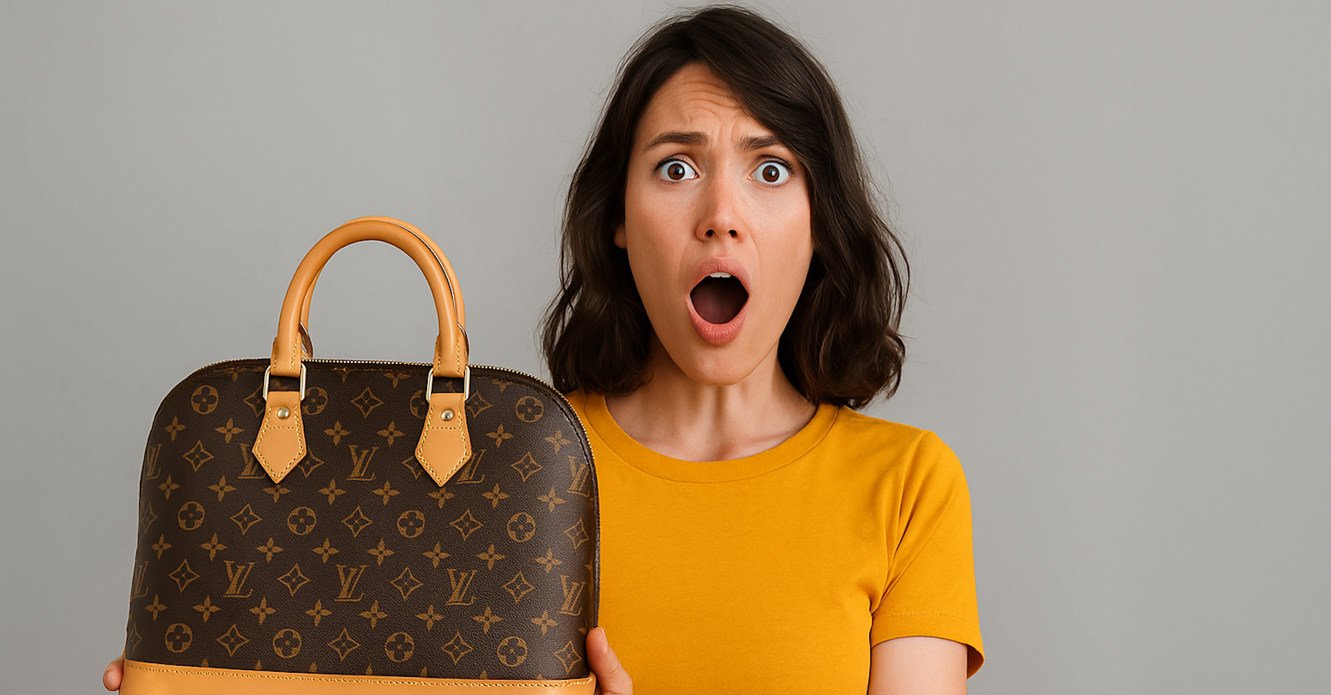 A surprised woman wearing a mustard yellow shirt holds a Louis Vuitton handbag in front of her with both hands, her eyes wide and mouth open in shock, standing against a plain gray background